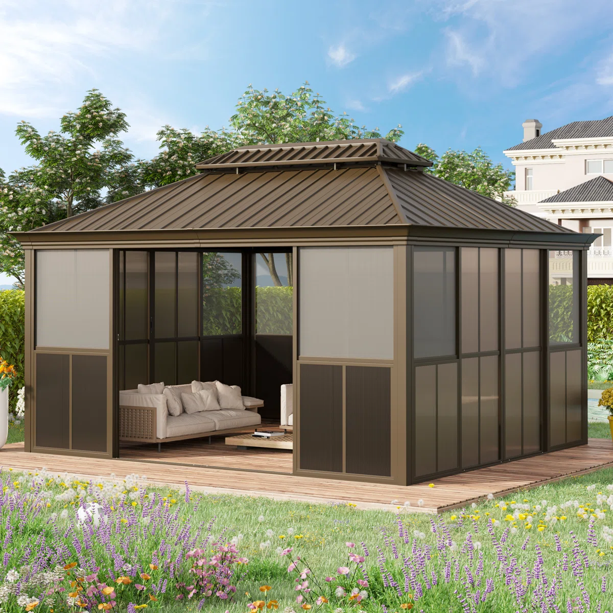 EROMMY 14 Ft. W X 12 Ft. D Outdoor Hardtop Gazebo, Double Top Galvanized Steel Roof Aluminum Sunroom - Image 9