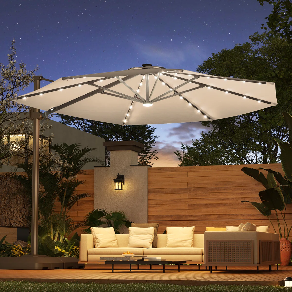 Latitude Run® 11′ Patio Cantilever Umbrella with Wind-Vent, 240g Solution-Dyed Fabric, Solar LED Lights and Weighted Base Included
