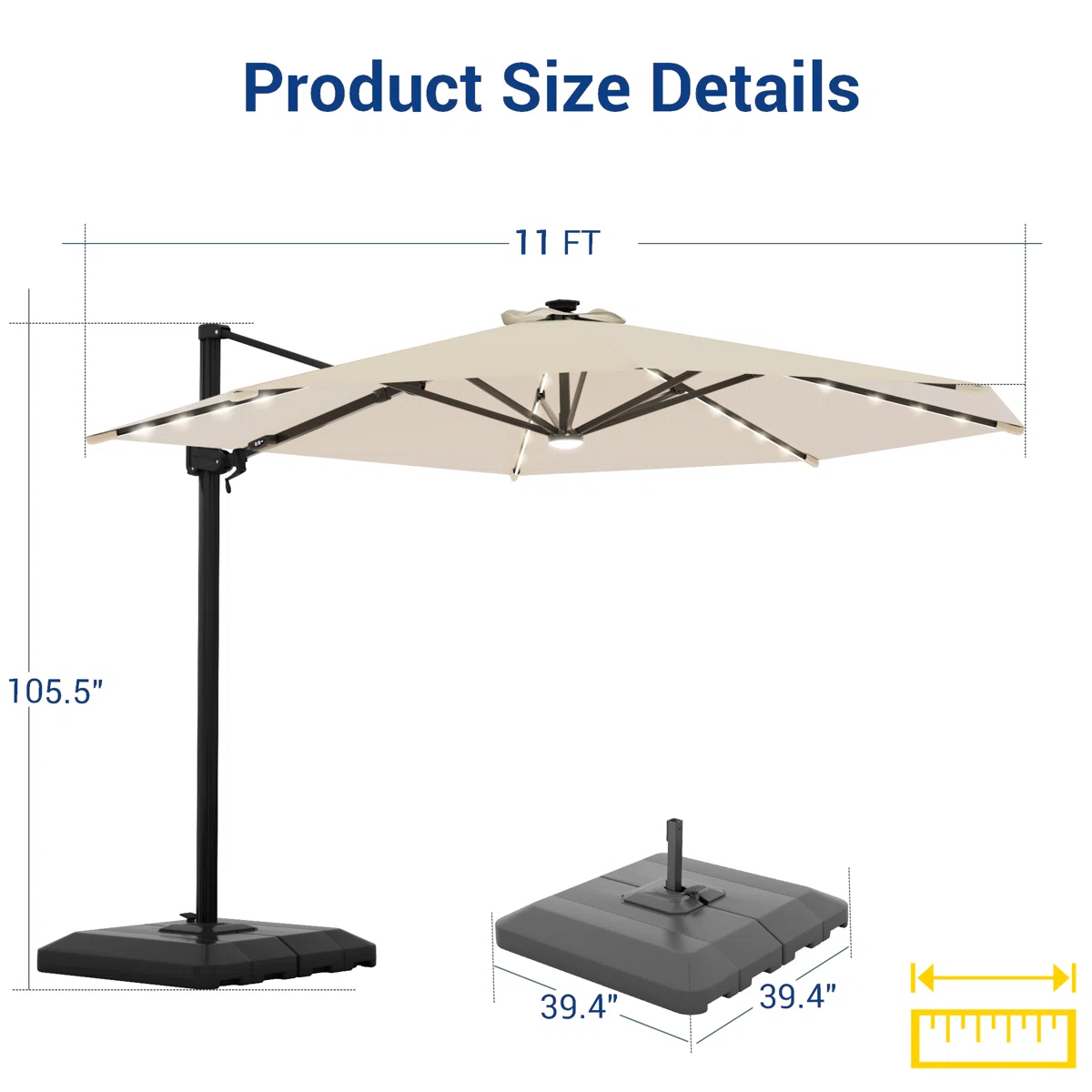Latitude Run® 11′ Patio Cantilever Umbrella with Wind-Vent, 240g Solution-Dyed Fabric, Solar LED Lights and Weighted Base Included - Image 2