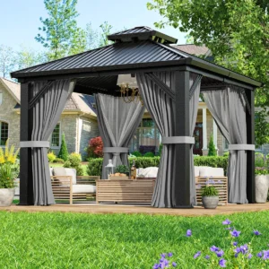 Polar Aurora 10 x 10 ft. Heavy-Duty Aluminum Frame Outdoor Gazebo with Double-Layer Galvanized Steel Roof, All-Weather Metal Gazebo Includes Curtains, Mesh Netting and Anchor Kit for Patio & Backyard