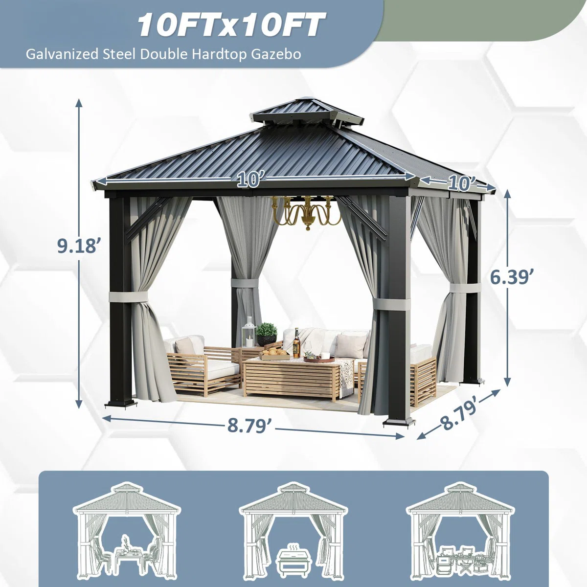 Polar Aurora 10 x 10 ft. Heavy-Duty Aluminum Frame Outdoor Gazebo with Double-Layer Galvanized Steel Roof, All-Weather Metal Gazebo Includes Curtains, Mesh Netting and Anchor Kit for Patio & Backyard - Image 4