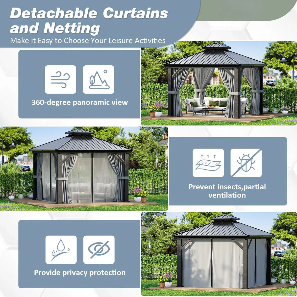 Polar Aurora 10 x 10 ft. Heavy-Duty Aluminum Frame Outdoor Gazebo with Double-Layer Galvanized Steel Roof, All-Weather Metal Gazebo Includes Curtains, Mesh Netting and Anchor Kit for Patio & Backyard - Image 9