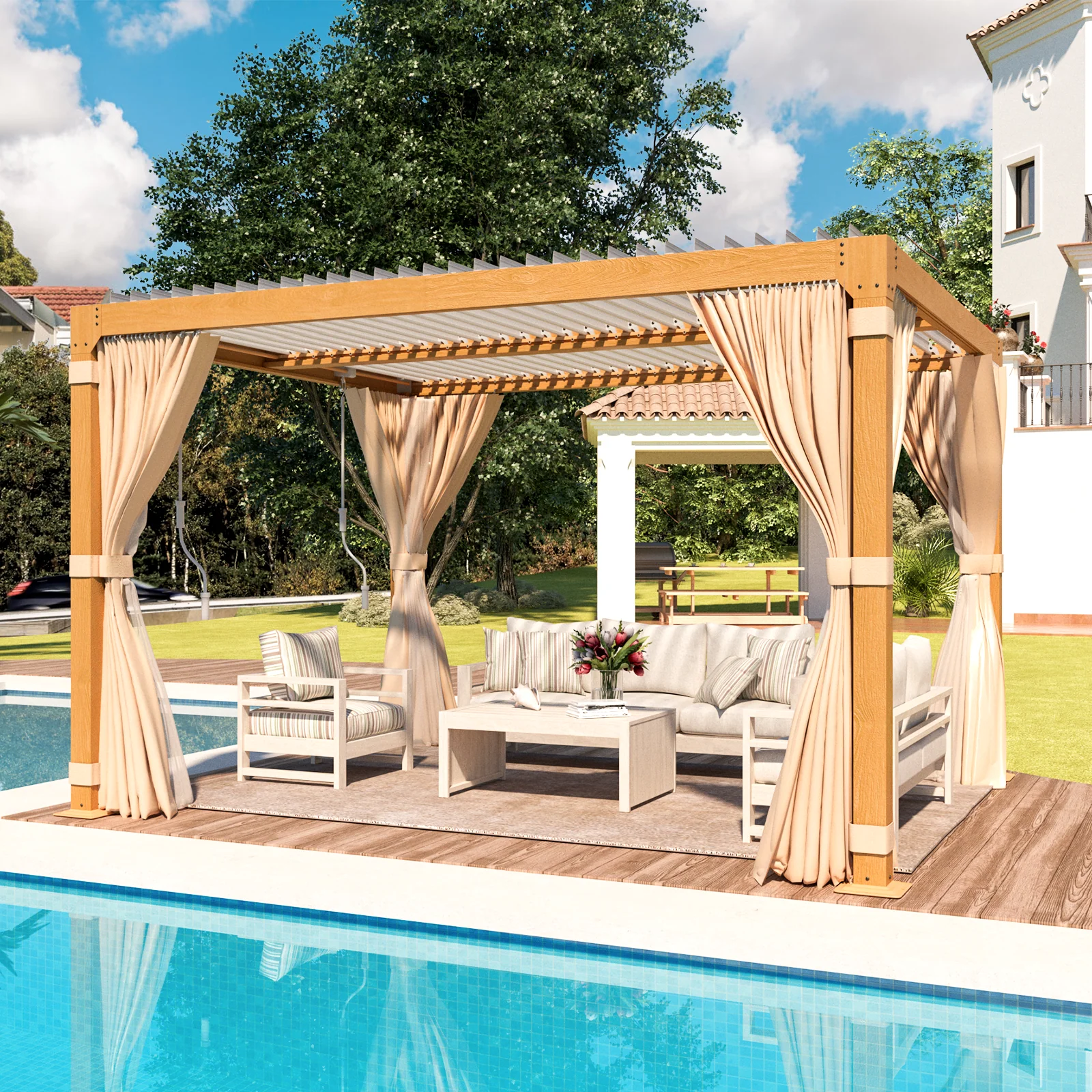 EROMMY 10X12 Pergola with Adjustable Louvered Roof – Wood Grain
