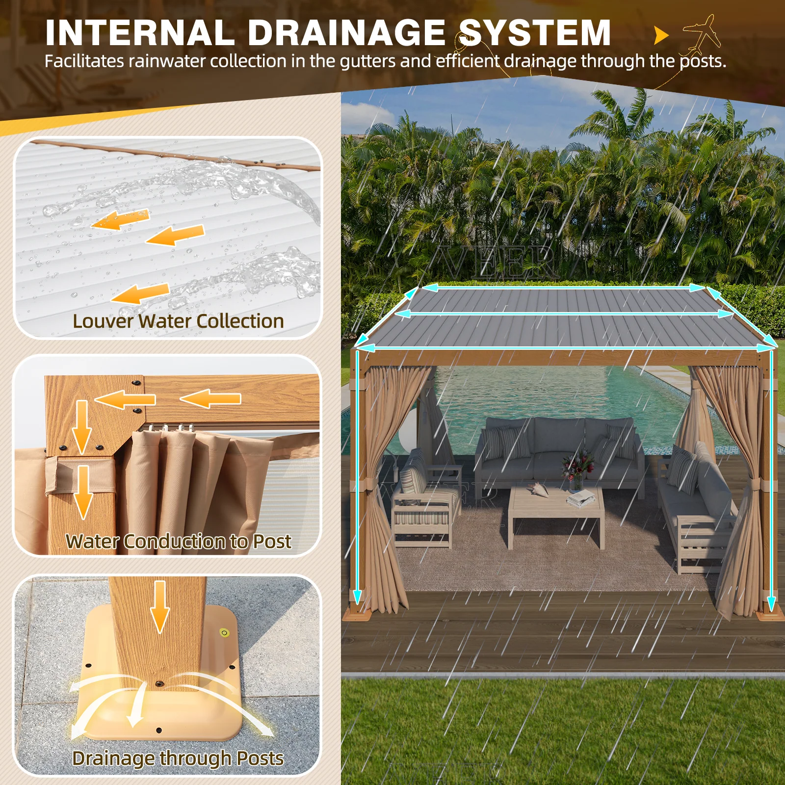EROMMY 10X12 Pergola with Adjustable Louvered Roof – Wood Grain - Image 6