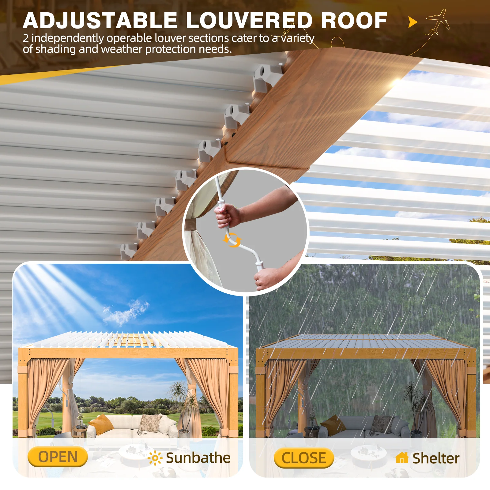EROMMY 10X12 Pergola with Adjustable Louvered Roof – Wood Grain - Image 7