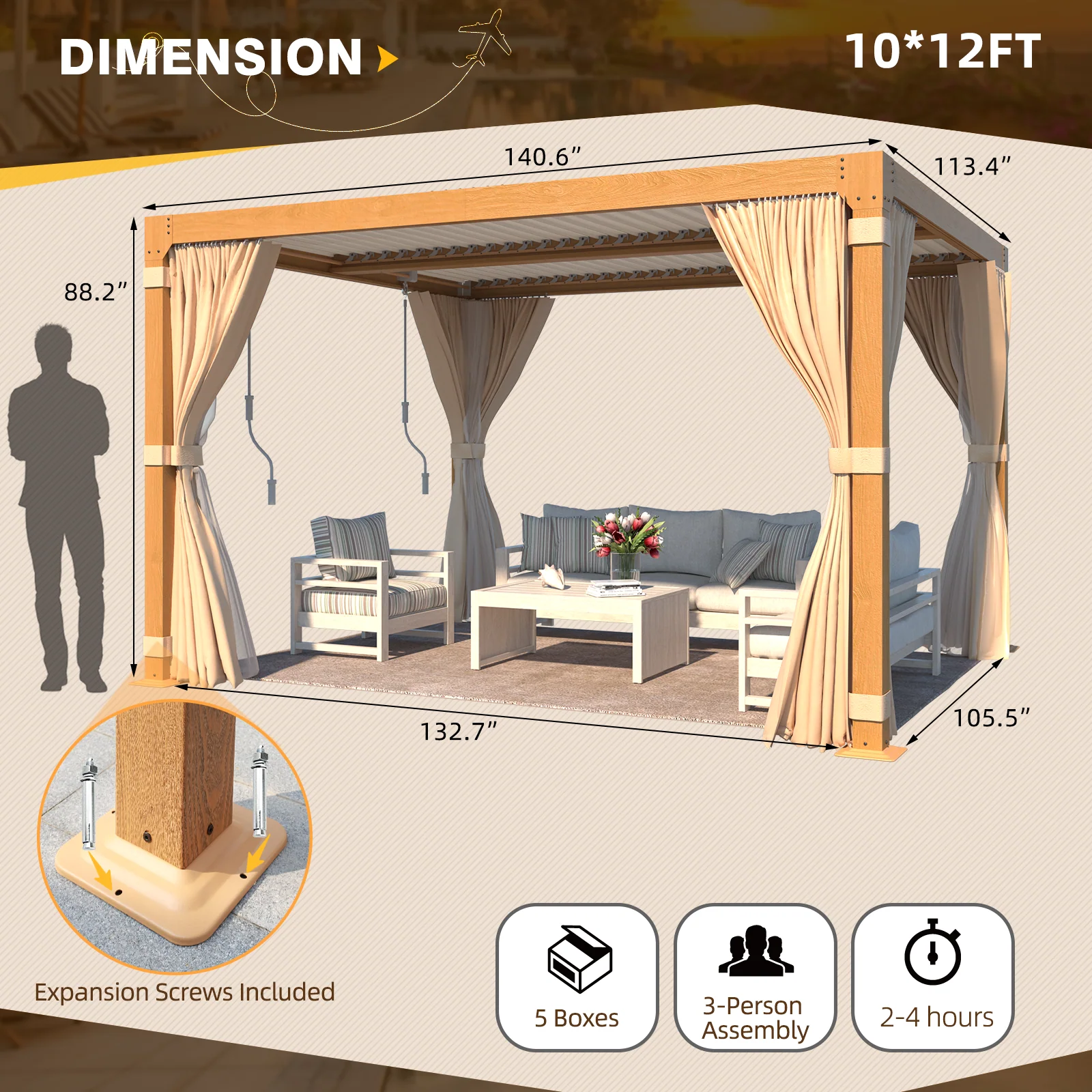 EROMMY 10X12 Pergola with Adjustable Louvered Roof – Wood Grain - Image 8