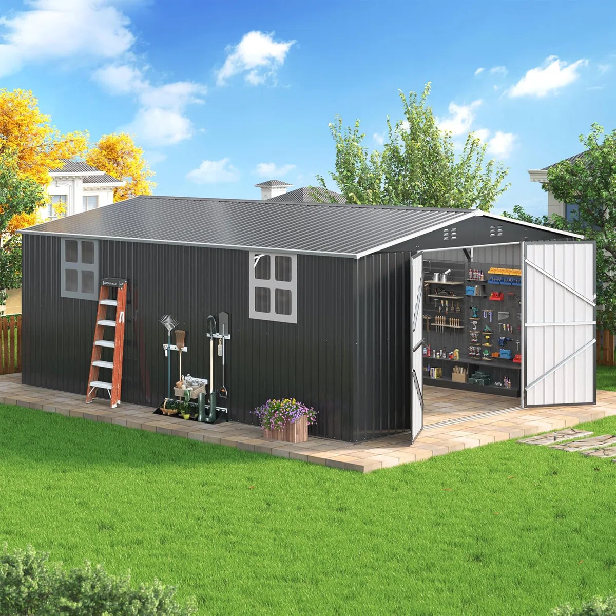 Polar Aurora 12 ft. W x 18 ft. D Large Outdoor Metal Shed, All-Steel Construction with Windows and Lockable Doors - Image 2