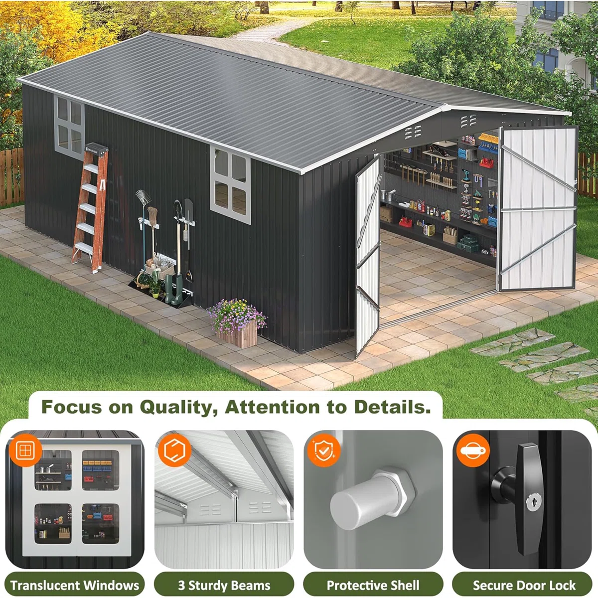 Polar Aurora 12 ft. W x 18 ft. D Large Outdoor Metal Shed, All-Steel Construction with Windows and Lockable Doors - Image 3