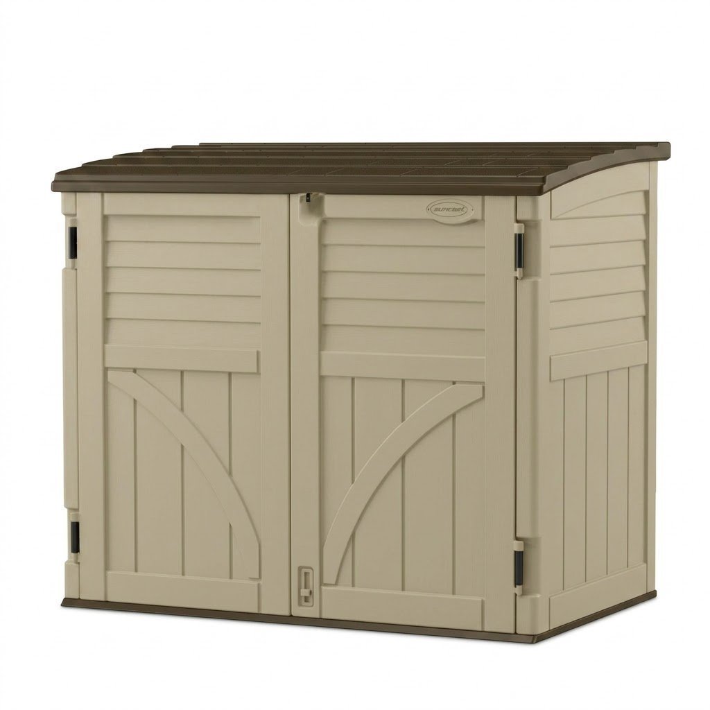 Suncast 34 Cu Ft Horizontal Resin Storage Shed – Outdoor Storage Shed with Floor Included, Lockable, Weatherproof, Fits Small