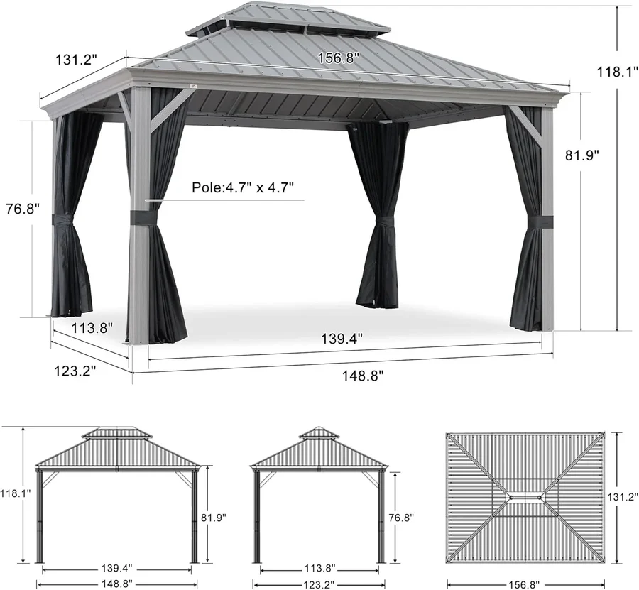 PURPLE LEAF Patio Gazebo for Pool Light Grey Hardtop Galvanized Steel Roof with Upgraded Curtains - Image 10