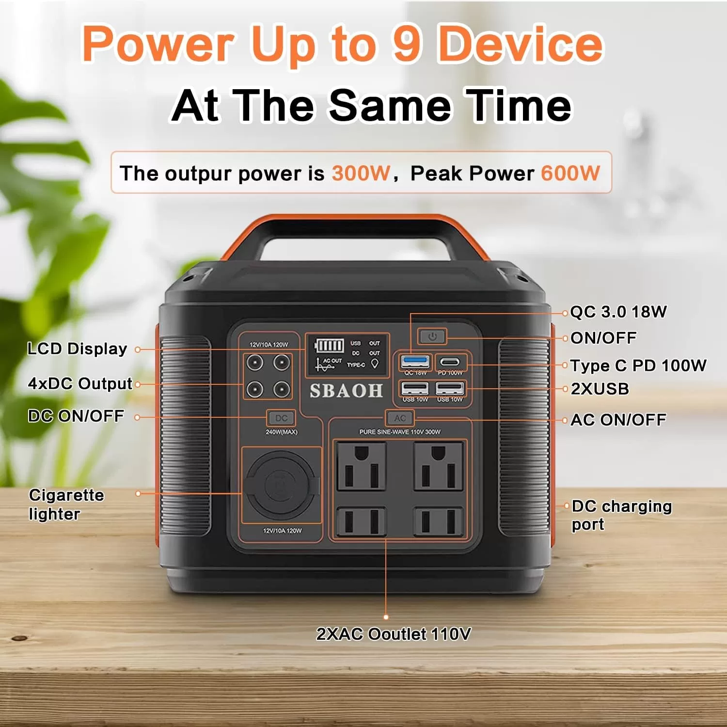 SBAOH Portable Power Station, 300W 296Wh Solar Generator Quick Charge / 110V AC Outlets/DC Ports and LED Flashlight - Image 2