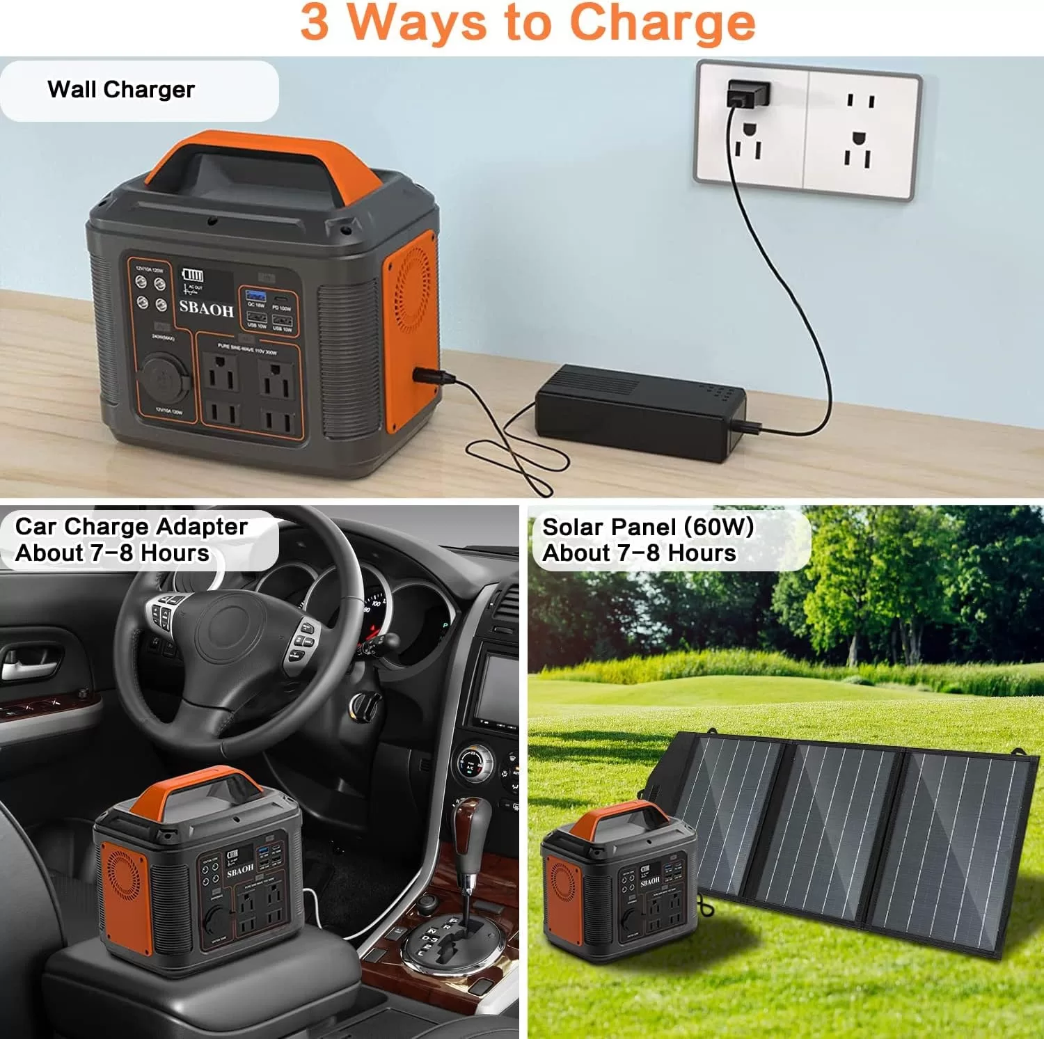 SBAOH Portable Power Station, 300W 296Wh Solar Generator Quick Charge / 110V AC Outlets/DC Ports and LED Flashlight - Image 7