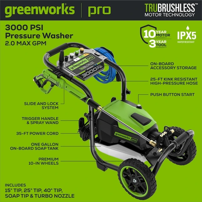 Greenworks 3000-PSI 2.0-GPM Cold Water Electric Pressure washer with 5 Spray Tips - Image 5
