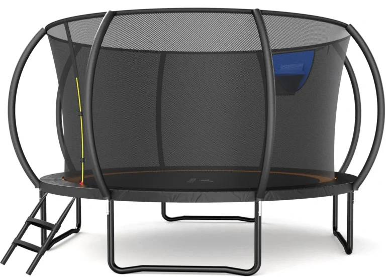 MERACH 14FT Pumpkin Outdoor Trampoline with Safety Enclosure Net, Basketball Hoop & Ladder, Heavy Duty Backyard Trampoline for Kids & Adults