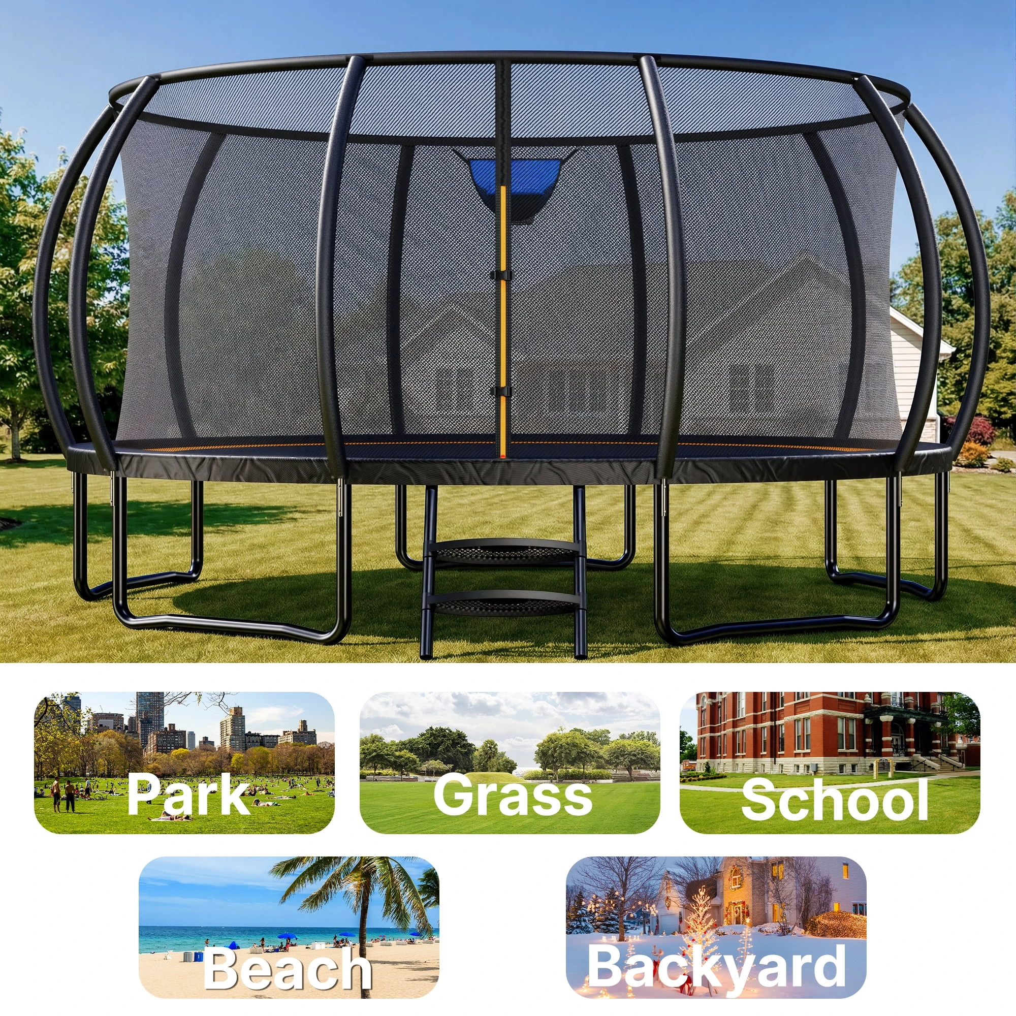MERACH 14FT Pumpkin Outdoor Trampoline with Safety Enclosure Net, Basketball Hoop & Ladder, Heavy Duty Backyard Trampoline for Kids & Adults - Image 4