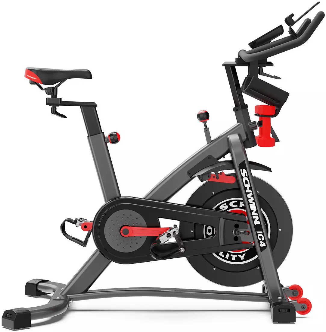 Schwinn IC4 Indoor Cycling Bike with 100 Resistance Levels, Bluetooth Heart Rate Armband, Dual-Sided SPD Pedals, Compatible with Peloton App, Zwift and JRNY, Backlit LCD Console, 4-Way Adjustable Handlebars, Includes 3 lb Dumbbells
