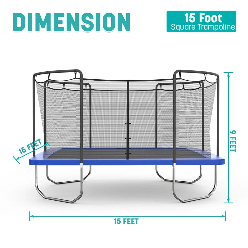 Skywalker Trampolines 15′ x 15′ Square Trampoline with Safety Enclosure Net – Blue Heavy-Duty Outdoor Trampoline for Kids & Adults, Rust-Resistant Steel Frame - Image 3