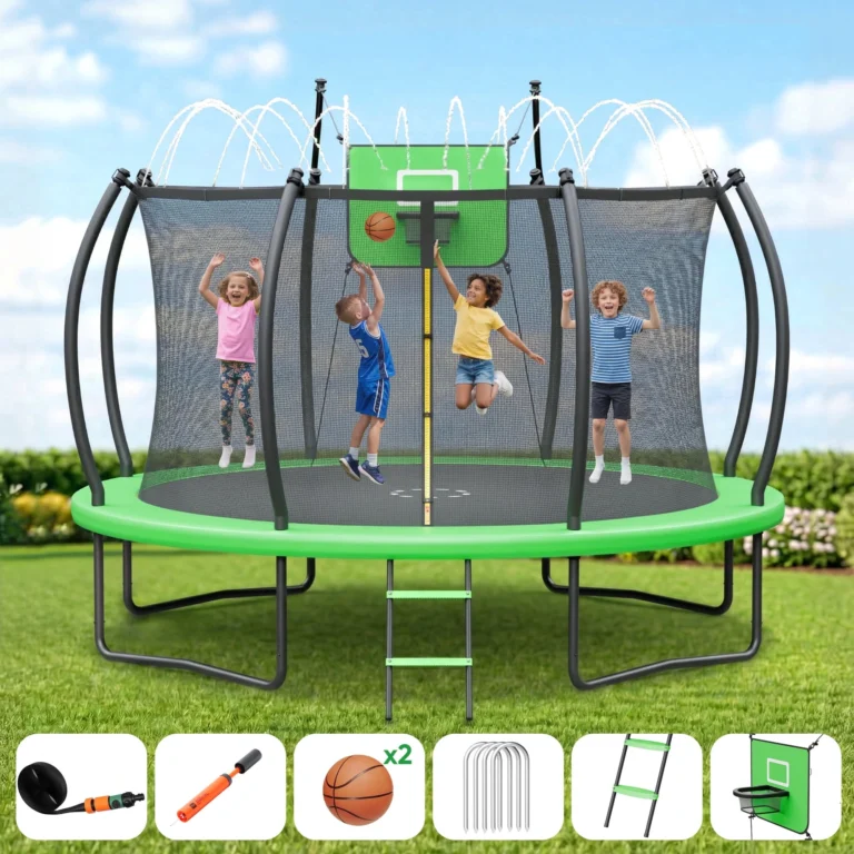 Outdoor Trampoline,Fashionsport Outfitters 8FT/12FT/14FT/16FT Round Jumping Trampoline with Ladder,Sprinkler,Basketball Hoop Board,Recreational Backyard Trampolines Anti-Rust for Kids Gift