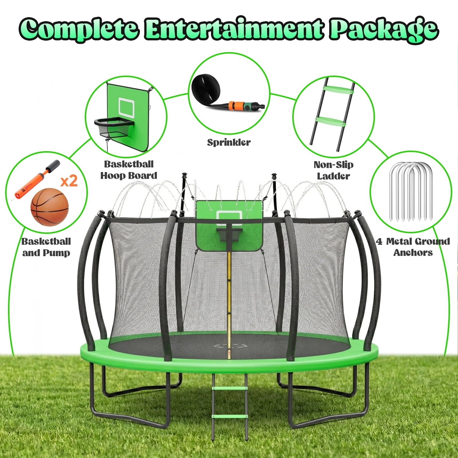 Outdoor Trampoline,Fashionsport Outfitters 8FT/12FT/14FT/16FT Round Jumping Trampoline with Ladder,Sprinkler,Basketball Hoop Board,Recreational Backyard Trampolines Anti-Rust for Kids Gift - Image 9