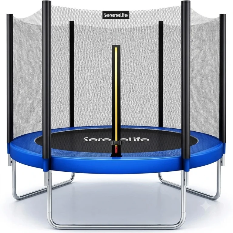 SereneLife 8FT 10FT 12FT 14FT Outdoor Trampoline for Kids – Recreational Backyard Trampoline with Curved Safety Poles and Net Enclosure- ASTM Approval for Kids Adults