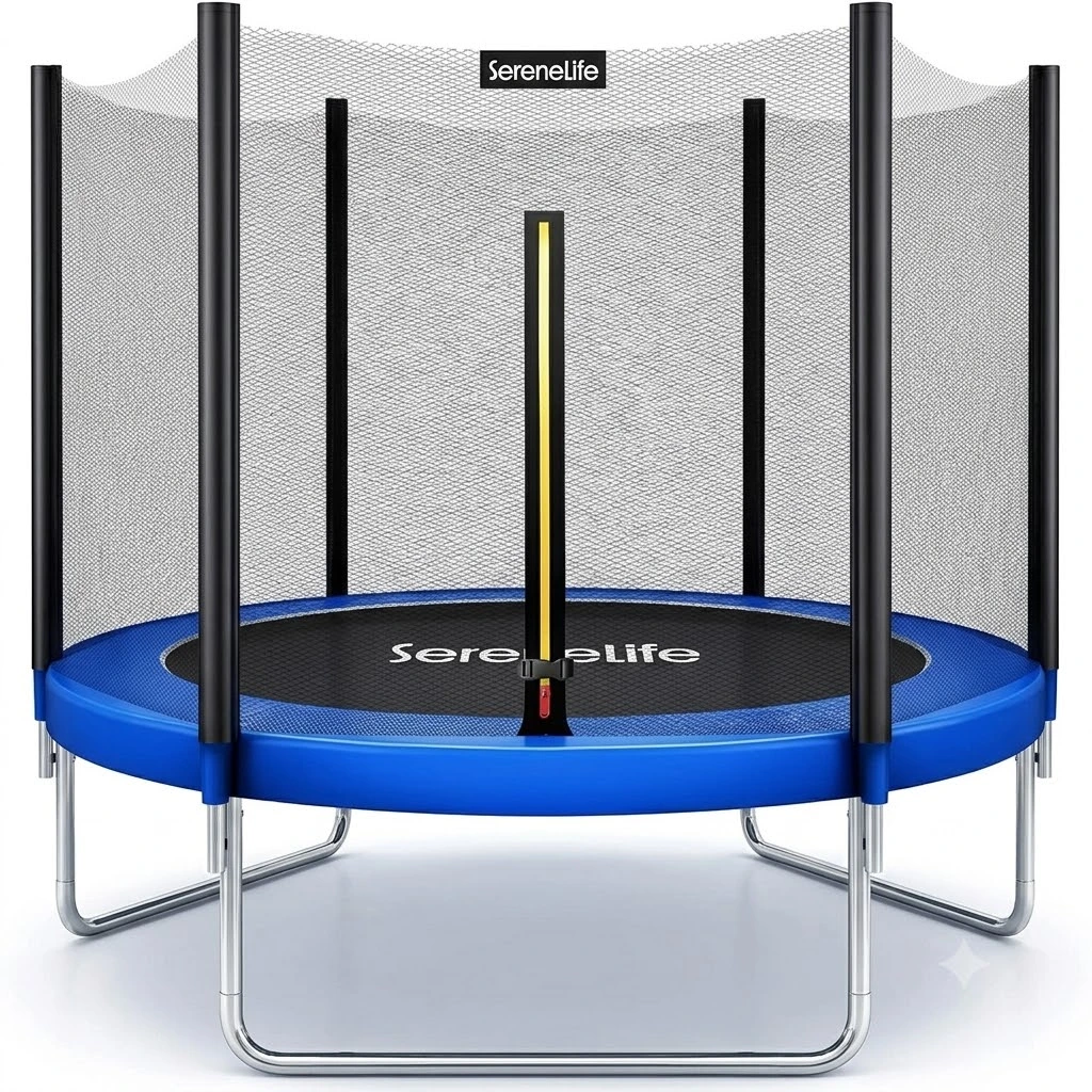 SereneLife 8FT 10FT 12FT 14FT Outdoor Trampoline for Kids – Recreational Backyard Trampoline with Curved Safety Poles and Net Enclosure- ASTM Approval for Kids Adults
