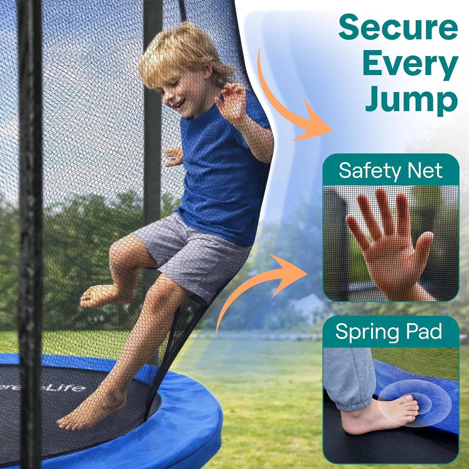 SereneLife 8FT 10FT 12FT 14FT Outdoor Trampoline for Kids – Recreational Backyard Trampoline with Curved Safety Poles and Net Enclosure- ASTM Approval for Kids Adults - Image 2