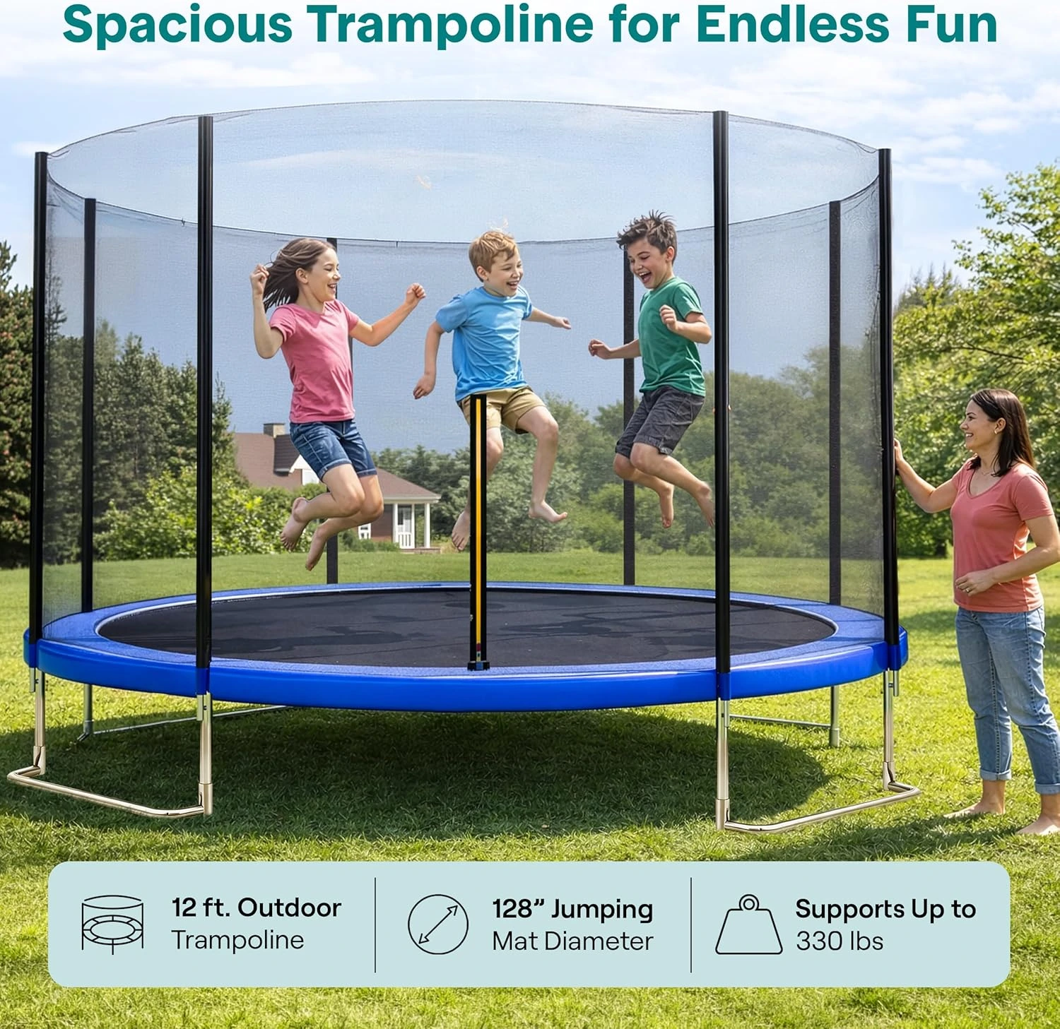 SereneLife 8FT 10FT 12FT 14FT Outdoor Trampoline for Kids – Recreational Backyard Trampoline with Curved Safety Poles and Net Enclosure- ASTM Approval for Kids Adults - Image 5