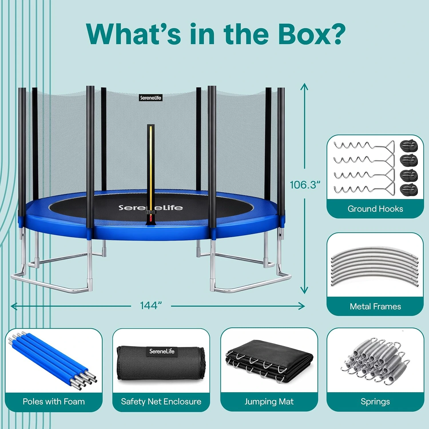 SereneLife 8FT 10FT 12FT 14FT Outdoor Trampoline for Kids – Recreational Backyard Trampoline with Curved Safety Poles and Net Enclosure- ASTM Approval for Kids Adults - Image 6