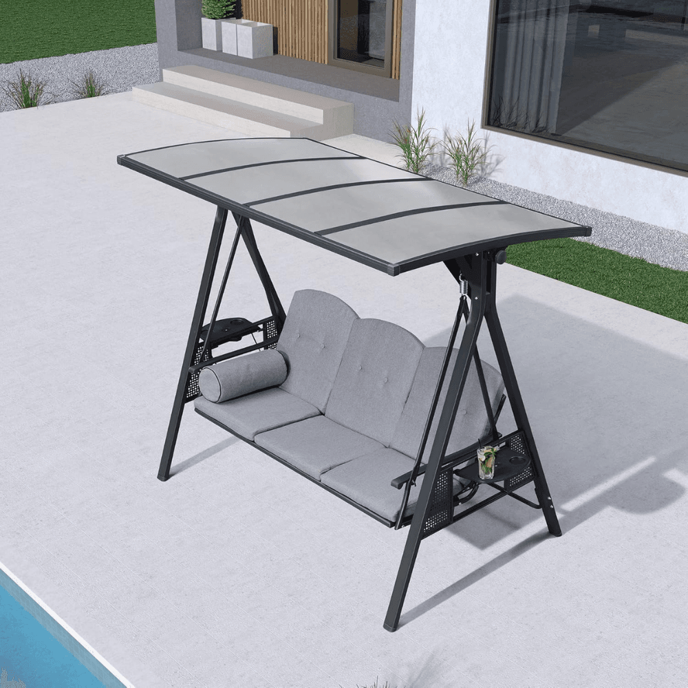 PURPLE LEAF 3-seat Outdoor Patio Porch Swing Adjustable Backrest, Cushions and Pillow Included - Image 6