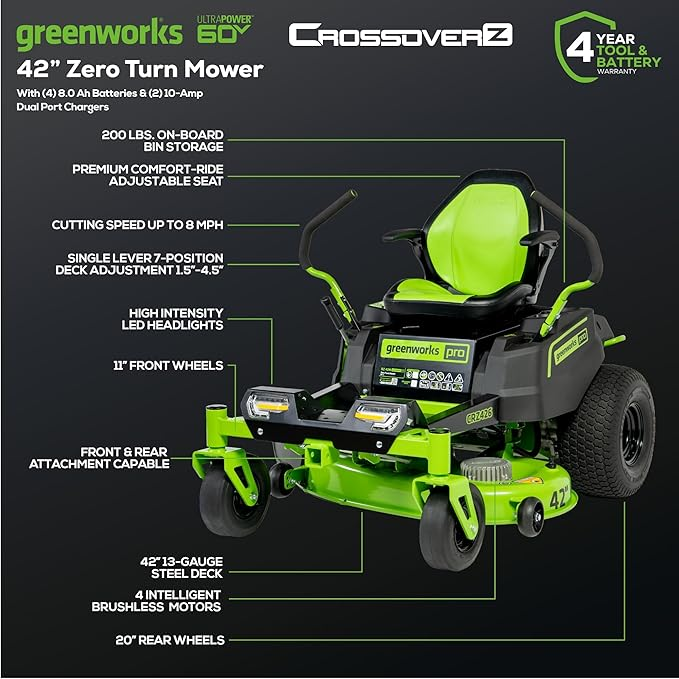 Greenworks 60V 42 Electric CrossoverZ Zero Turn Mower with 8 Ah Batteries and Dual Port Turbo Chargers - Image 2