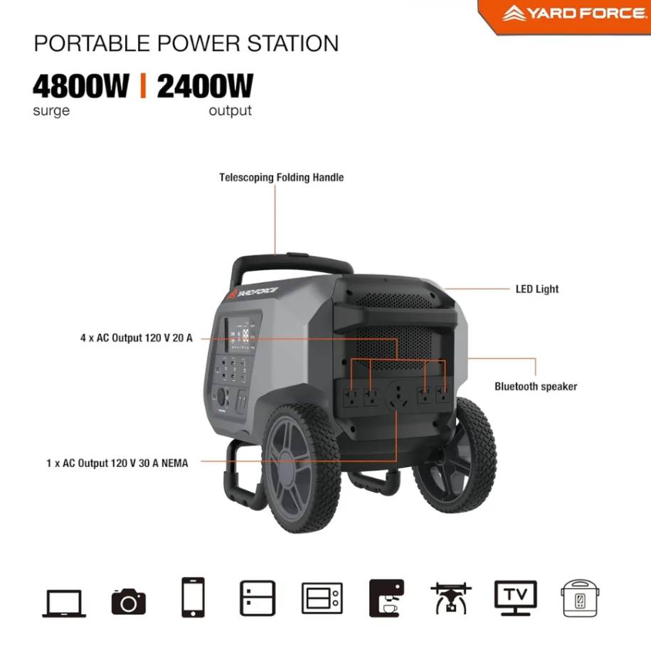 Yard Force Portable Power Station 2400-Watt Continuous 4800-Watt Peak, Bluetooth speaker, WIFI connection, Wireless Charging, RV 30A plug, LED light - Image 7